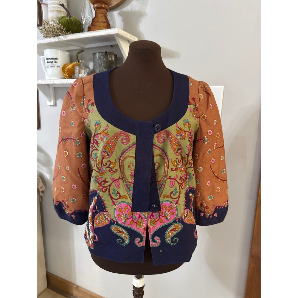 Elevenses Anthropologie Jacket 10 Multi Paisley Linen Blend Excellent Boho Crop